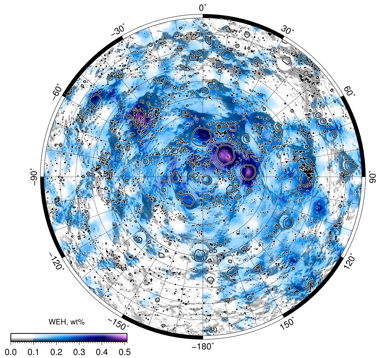Карта распределения водяного льда в верхнем слое лунного реголита южной околополярной области, построенная по данным прибора ЛЕНД, собранным за почти 15 лет работы на окололунной орбите (2009-2024). Изображение: ИКИ РАН